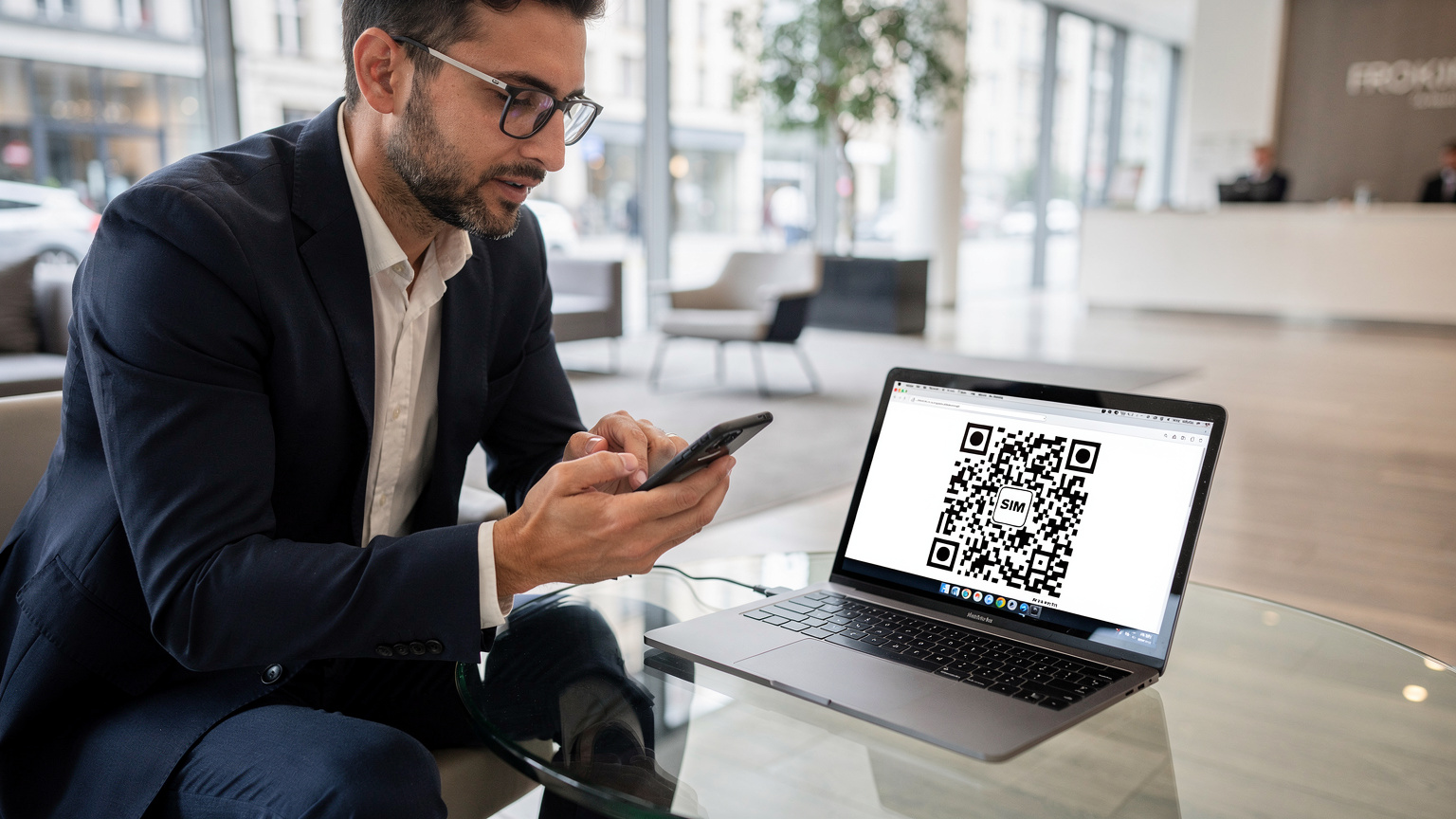Un uomo italiano con occhiali sta scansionando un codice QR sullo schermo del suo laptop con il suo smartphone, seduto a un tavolino di vetro nella lobby moderna e luminosa di un hotel a Berlino, con finestre che mostrano l'architettura esterna.