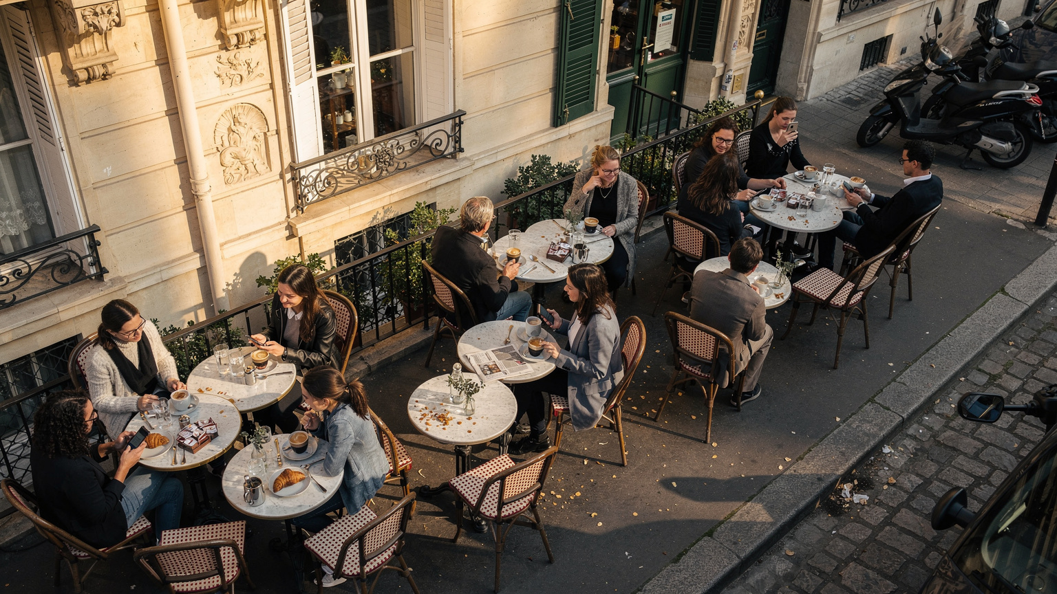 Una veduta aerea di un classico caffè parigino con persone che si godono un caffè ai tavolini esterni, l'atmosfera vivace e le storiche facciate degli edifici sullo sfondo.