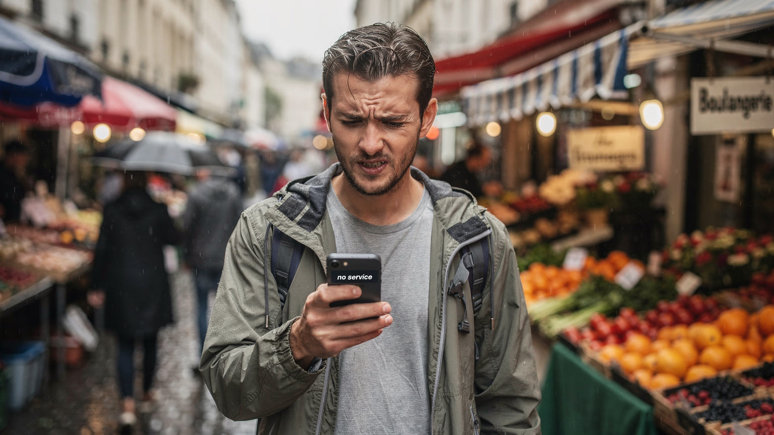 Een gefrustreerde reiziger kijkt zorgelijk naar zijn smartphone met een 'geen service' melding, staand op een drukke Franse marktplaats in de regen, met natte kasseien en kraampjes op de achtergrond.