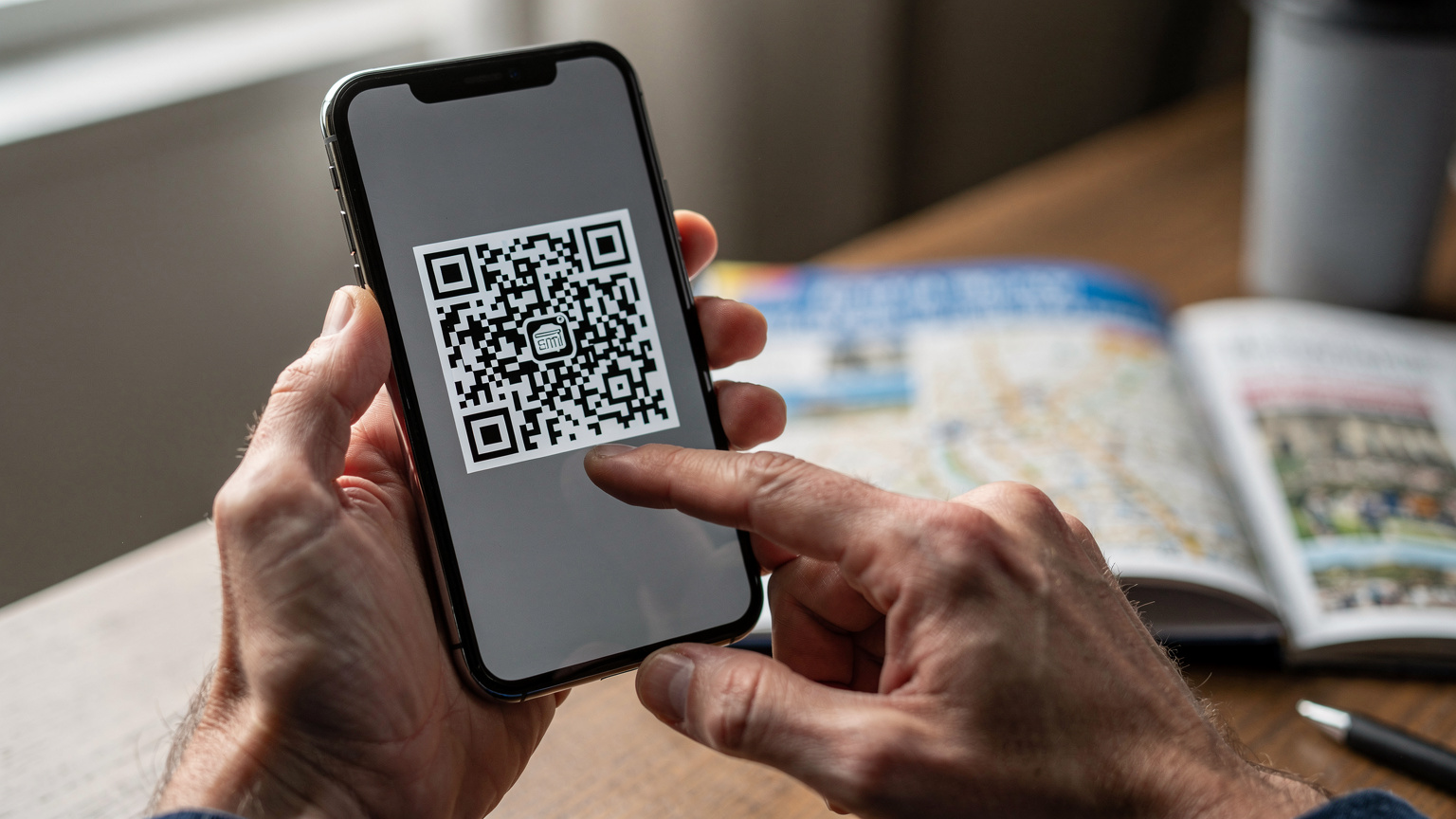 Close-up van handen die een moderne smartphone vasthouden, waarbij een QR-code op het scherm wordt gescand voor het activeren van een eSIM, met een zachte achtergrond van een reisbrochure.