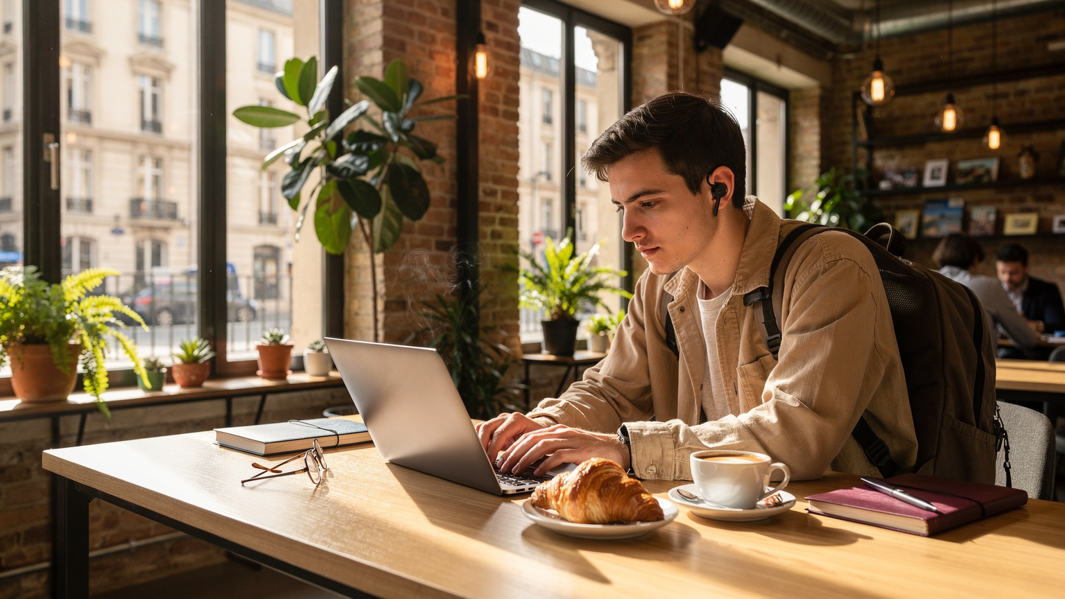 Een jonge digitale nomade werkt geconcentreerd op een laptop in een stijlvolle co-working space in Lyon, met een Franse croissant en een kop koffie op tafel, omringd door planten.