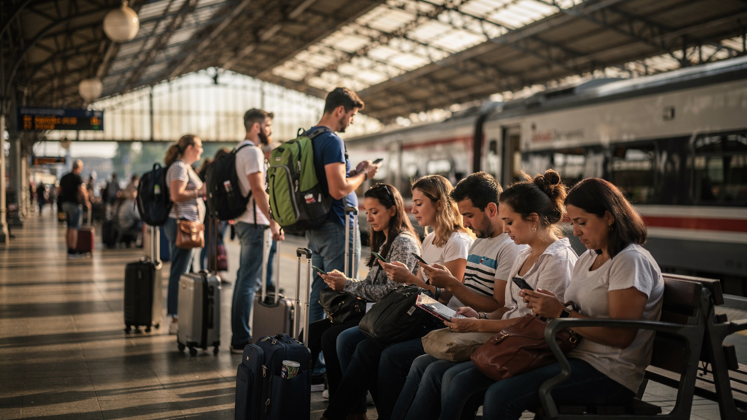 Bulgaristan'da bir tren istasyonunda, yolcuların tren beklerken telefonlarıyla meşgul olduğu anı gösteren fotoğraf.