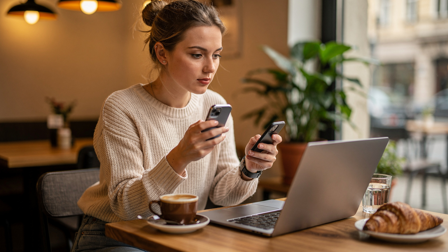 Bulgaristan'da bir kafede oturan genç bir kadının, dizüstü bilgisayarında çalışırken telefonuyla bir eSIM paketini yenilediği anı gösteren yakın çekim.
