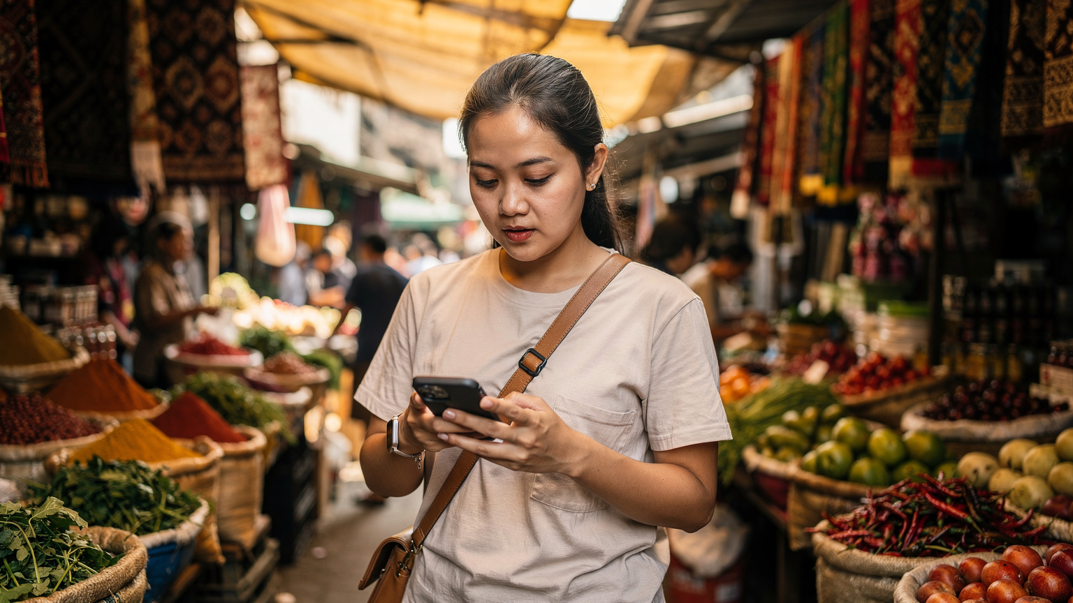 A traveler diligently checks her phone for directions amidst the vibrant chaos of a traditional market in Jakarta, ensuring she stays on track.