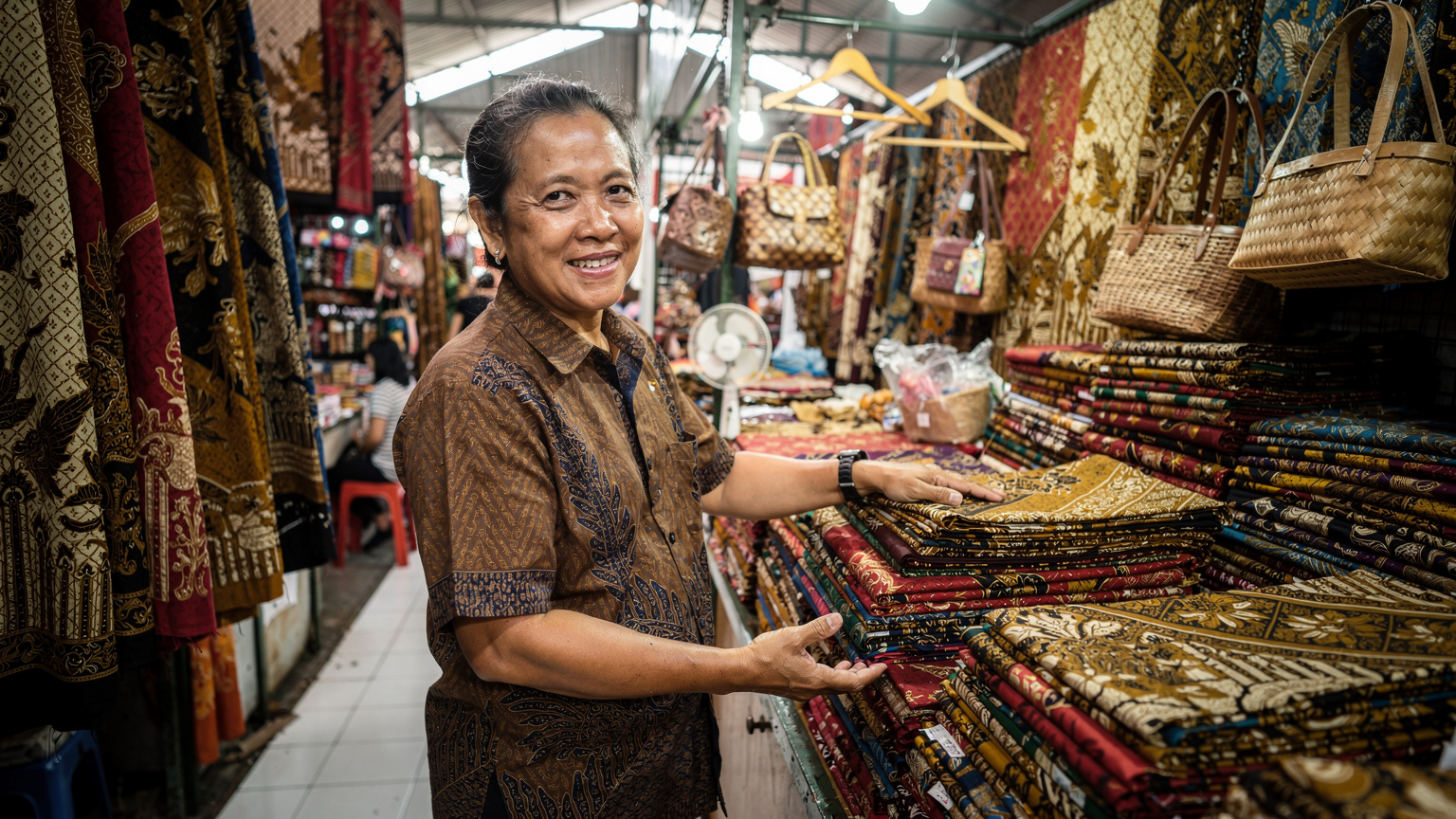 A person in traditional Indonesian attire sells colourful fabrics and textiles at a bustling market stall in Yogyakarta, Java, with vibrant patterns hanging all around.