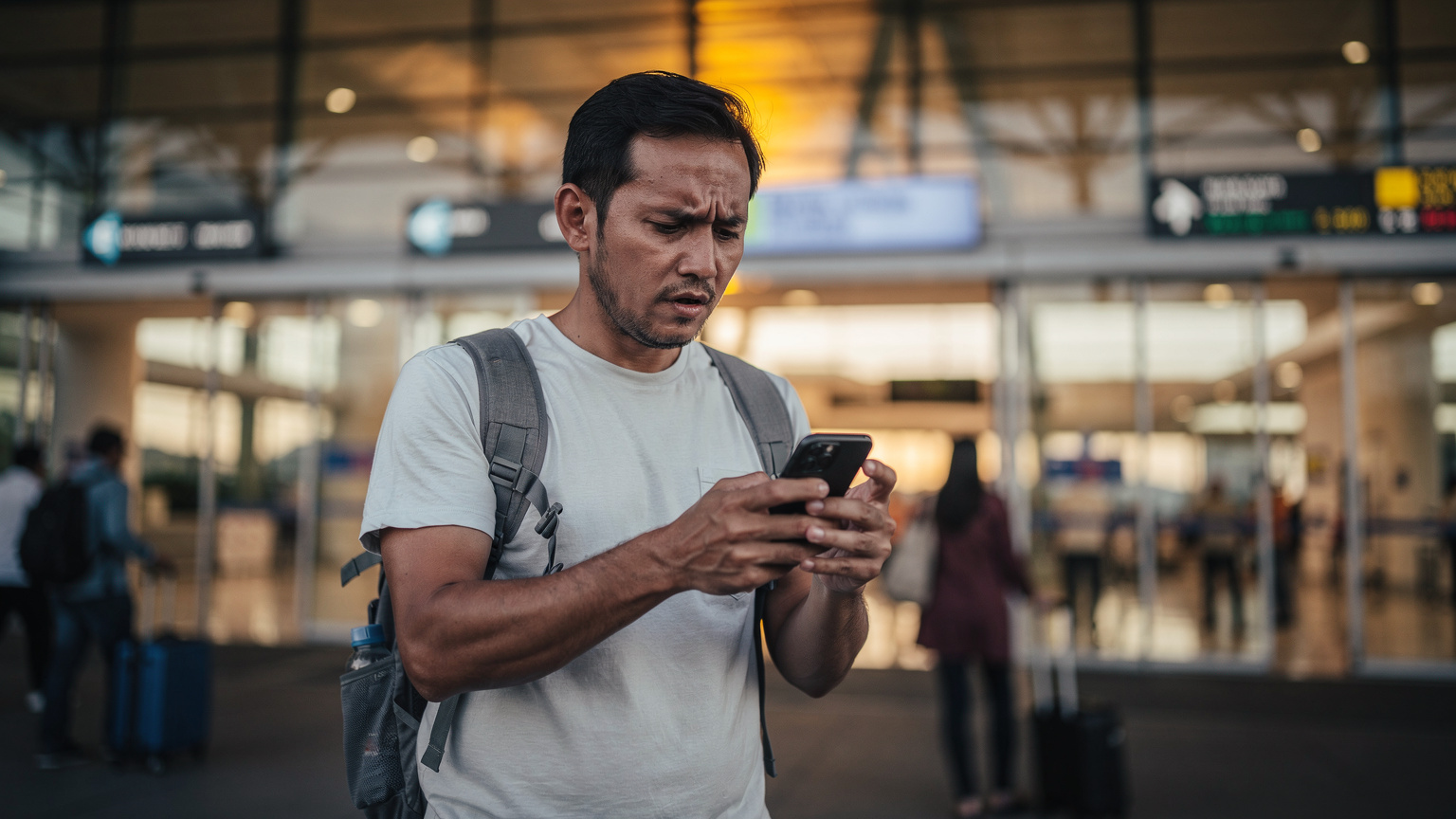 A tourist looks concerned at her phone while waiting for a taxi outside a bustling airport, with the glow of arrival signs in the background.