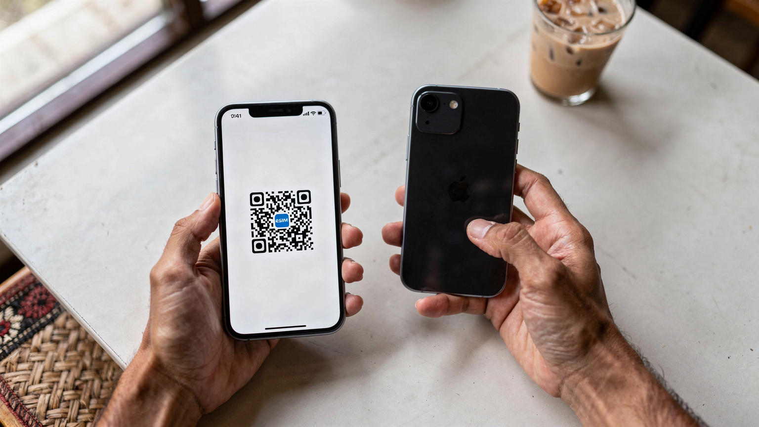 A close-up shot of hands, one holding a smartphone displaying a QR code, the other ready to scan it, symbolizing seamless eSIM activation.