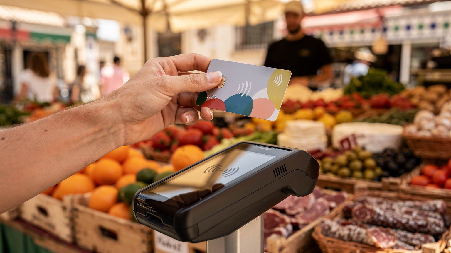 Une carte bancaire sans contact est présentée devant un terminal de paiement électronique sur le comptoir d'un marché alimentaire coloré à Séville, avec des fruits frais et des légumes en arrière-plan.