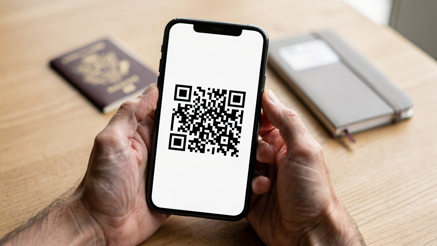 Gros plan sur des mains tenant un smartphone affichant un code QR d'activation eSIM, avec un passeport et un petit carnet de voyage en arrière-plan flou, posés sur une table en bois.