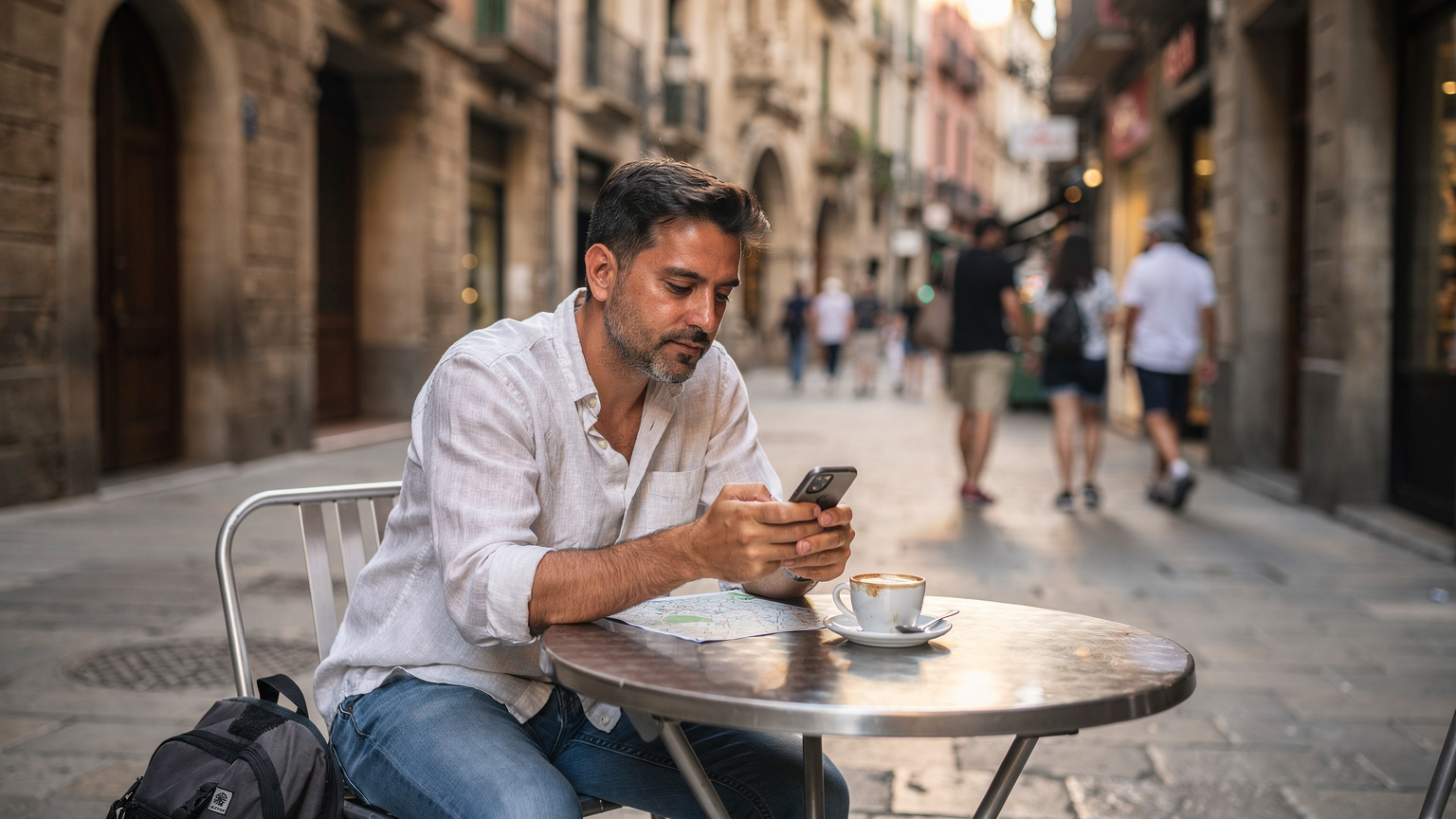 Un voyageur consulte sa carte sur son smartphone, assis à une table en terrasse d'un café animé dans le quartier gothique de Barcelone, des passants flânant en arrière-plan.