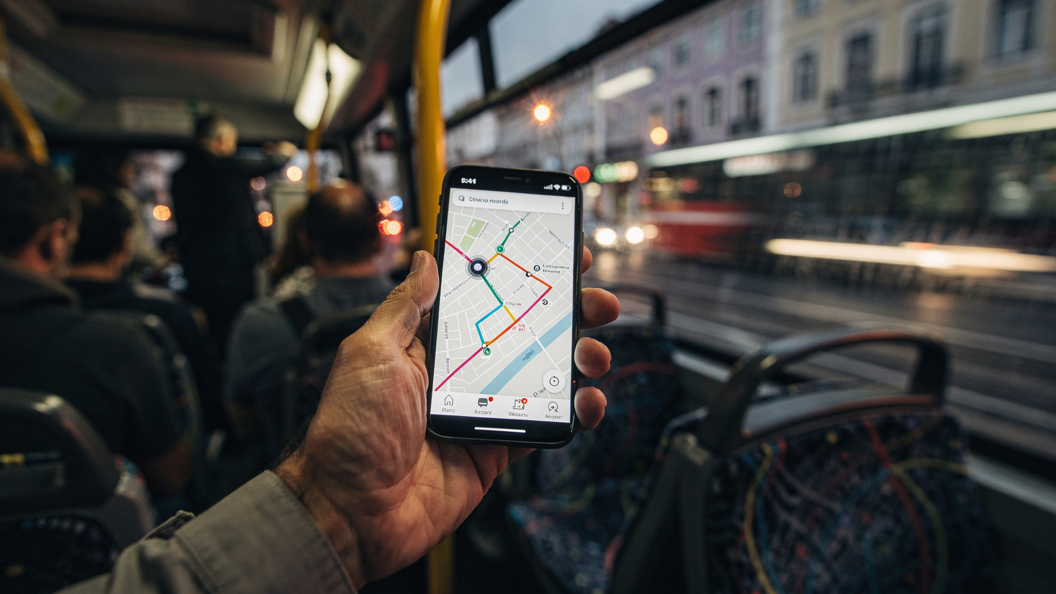 Un smartphone affichant une application de transport en commun sur son écran, tenu par une main d'homme dans un bus bondé à Lisbonne, reflétant les lumières de la ville à travers la fenêtre.