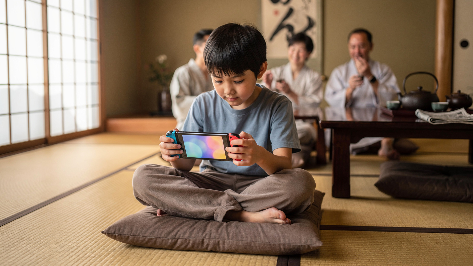 Ein Kind spielt ein Spiel auf seiner Nintendo Switch, während die Familie in einem traditionellen Ryokan-Zimmer in Kyoto entspannt.