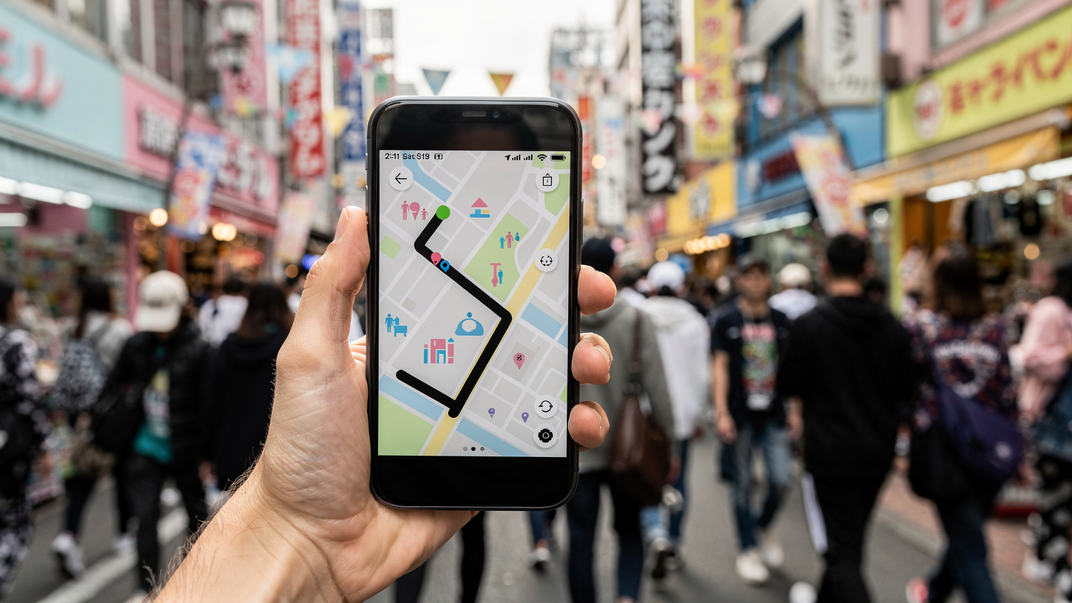 Eine Hand hält ein Smartphone mit einer geöffneten Karten-App in der belebten Takeshita Street in Harajuku, Tokio.