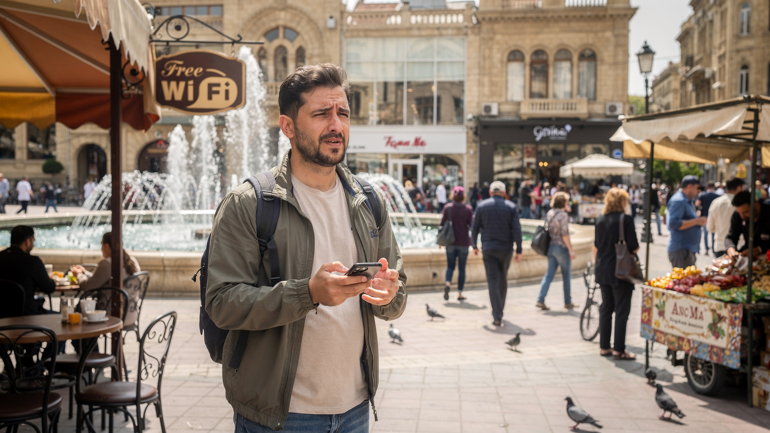 Bakü'nün hareketli Fevvareler Meydanı'nda, bir gezginin elinde akıllı telefonuyla, bir kafenin ücretsiz Wi-Fi tabelasına bakarak internete bağlanmaya çalıştığı kalabalık bir sahne.