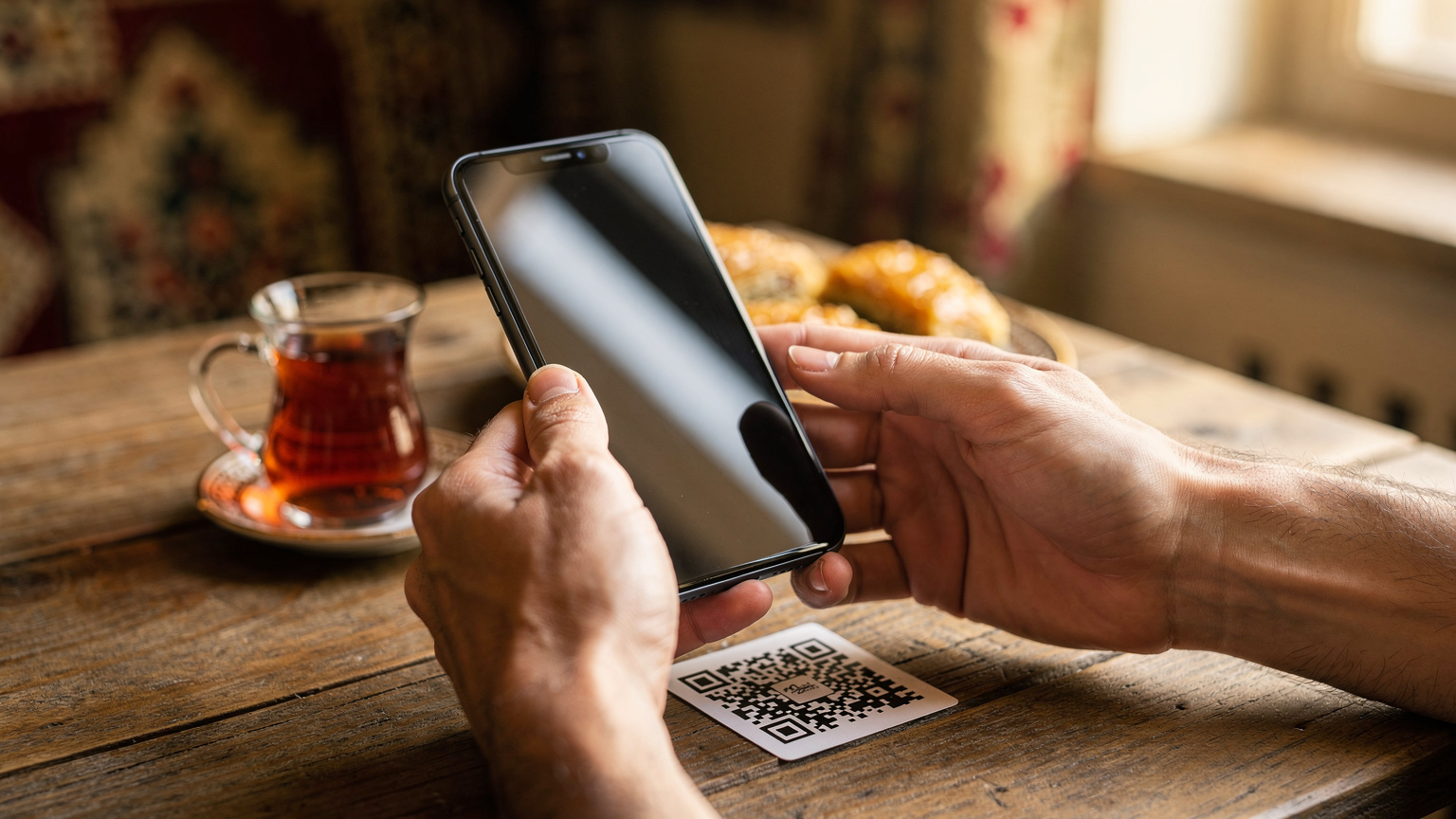 Bir gezginin Bakü'deki bir kafede otururken, elinde iPhone'uyla eSIM QR kodunu taradığı anın yakın çekimi, arka planda hafif bulanık görünen geleneksel Azerbaycan çayı.