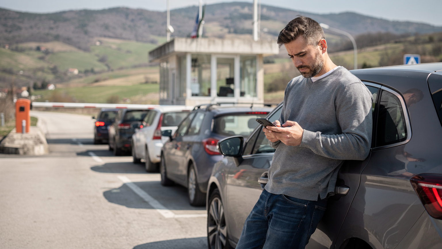 Een grenscontrolepost tussen twee Balkanlanden, met auto's in de rij en een reiziger die ontspannen op zijn smartphone kijkt, wat het gemak van een eSIM illustreert.