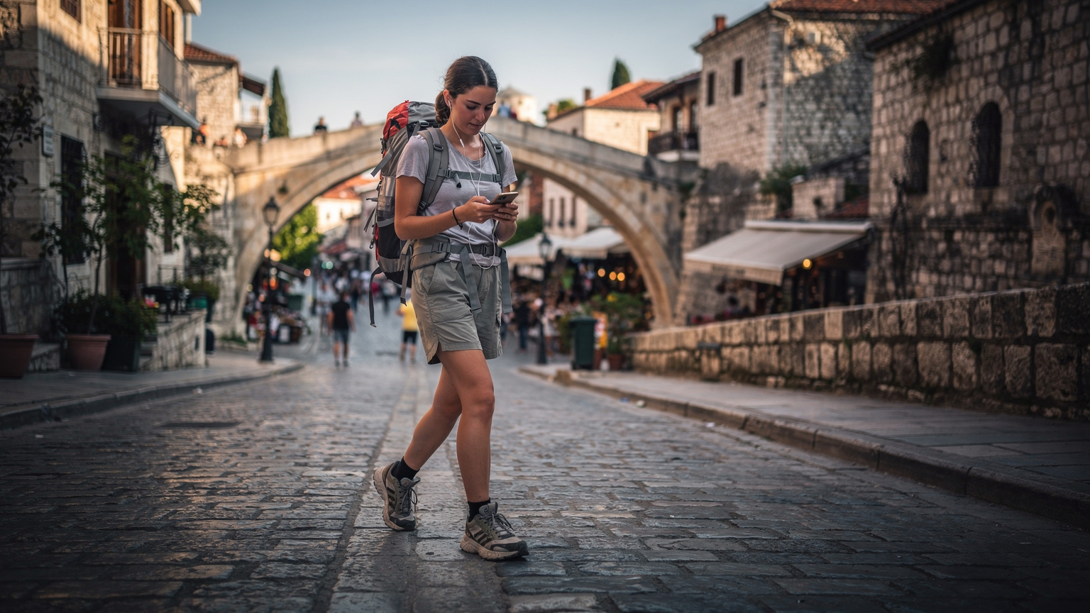 Een backpacker navigeert met haar smartphone door de smalle straatjes van Mostar, Bosnië en Herzegovina, met de beroemde Stari Most brug op de achtergrond.
