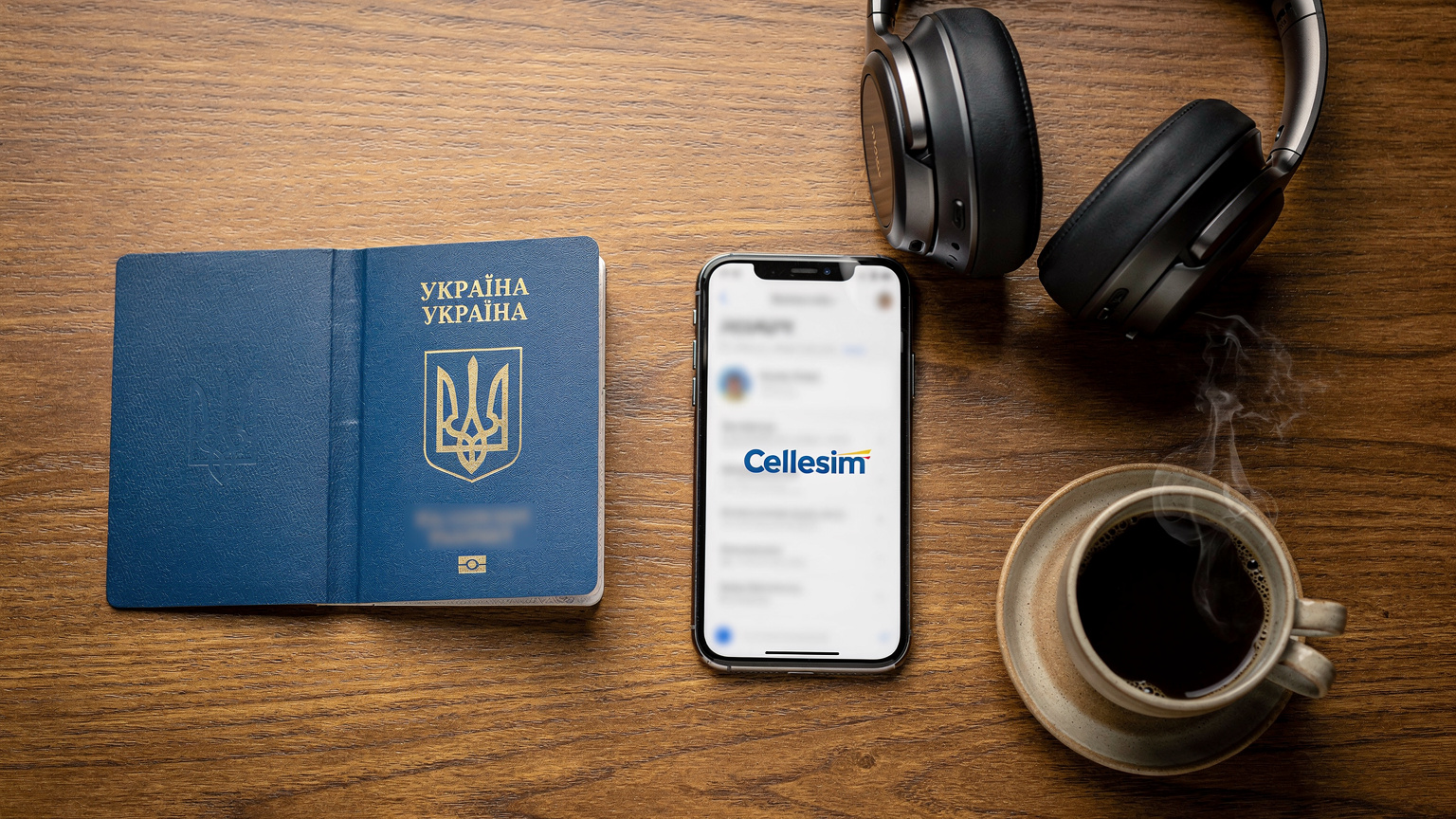 Оверхед флет-лей: український паспорт, смартфон з екраном Cellesim, навушники та чашка кави на дерев'яному столі.