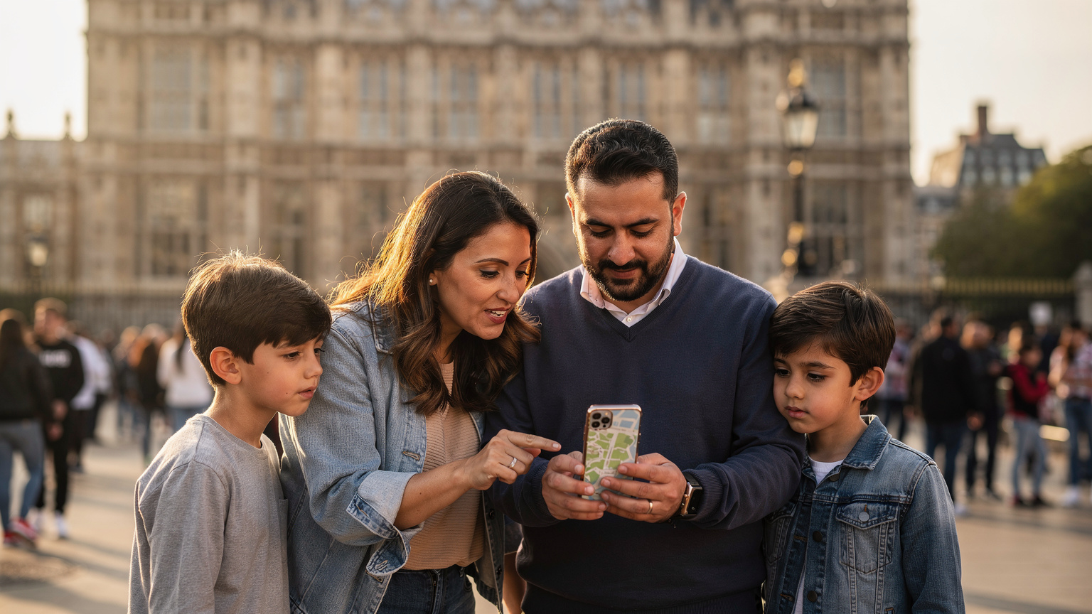 Londra'daki bir turistik mekanda, bir aile harita ve telefon uygulamalarıyla yolunu bulmaya çalışıyor.