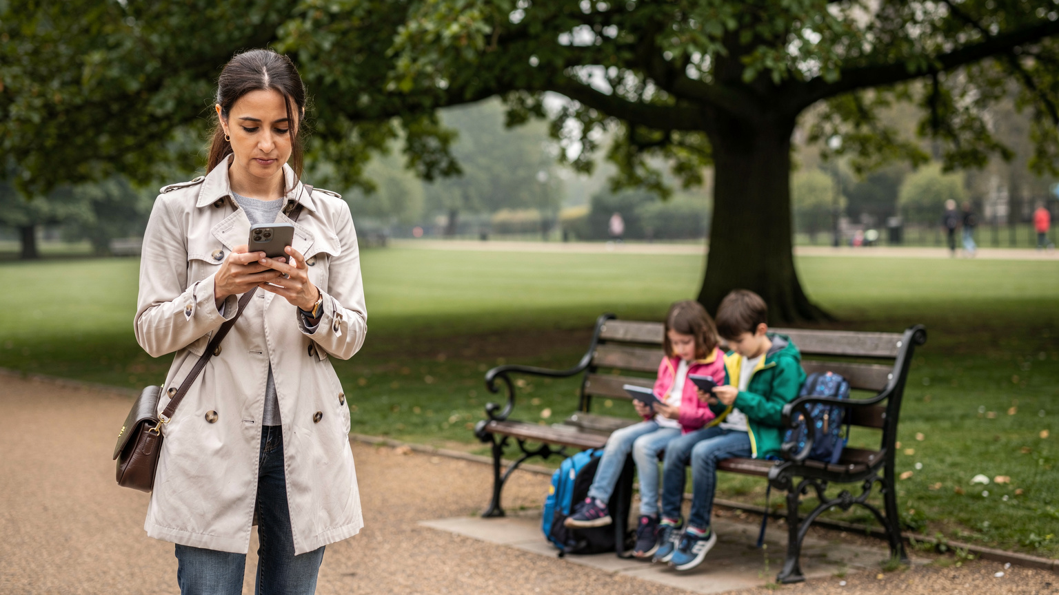 Bir annenin elinde akıllı telefon, çocukları ise park bankında tabletleriyle meşgul, İngiltere'de bir aile gezisi sırasında.