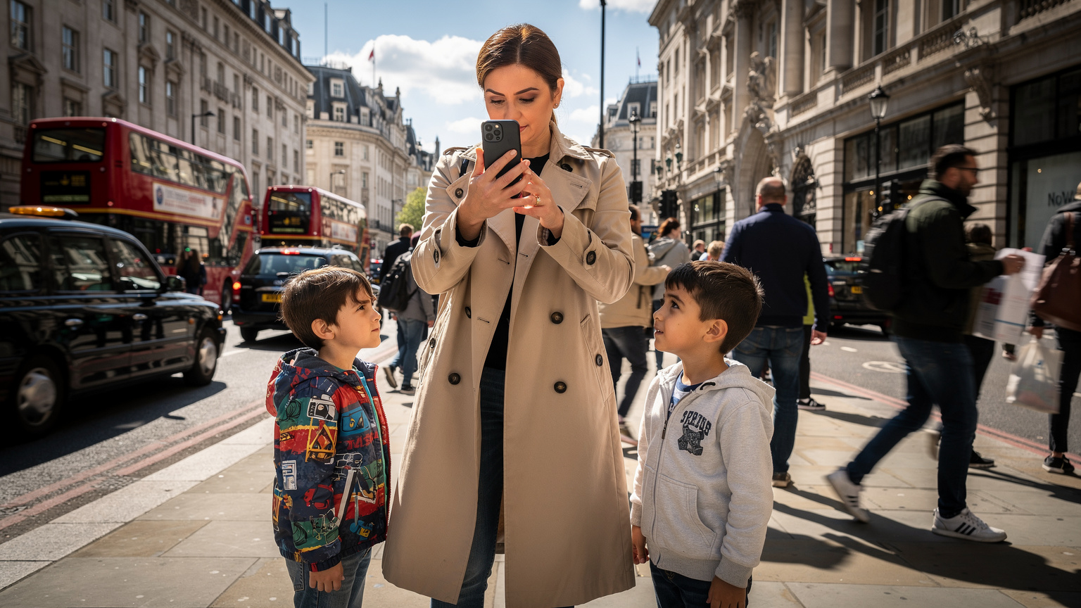 Londra'nın merkezinde, hareketli bir sokakta, bir anne telefonundan harita kontrol ederken, çocukları etrafa merakla bakıyor.