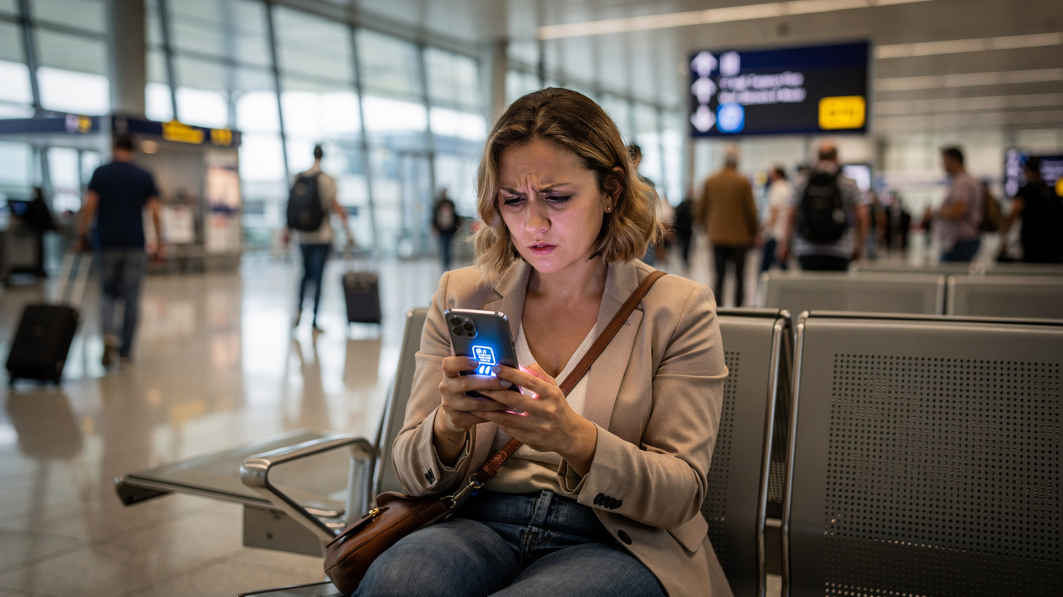 Uma mulher com um semblante frustrado, sentada em um banco de aeroporto, olhando para o celular com uma mensagem de 'sem serviço' na tela, enquanto outros viajantes passam apressados.