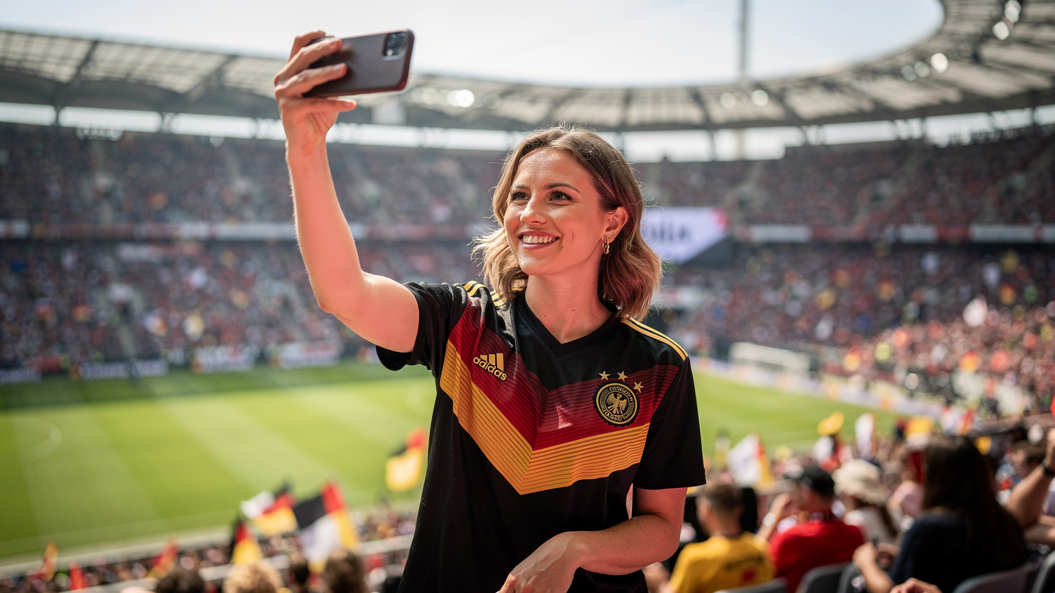 Uma torcedora animada, com a camisa da seleção alemã, usando seu celular para tirar uma selfie com o estádio de futebol ao fundo em Berlim.