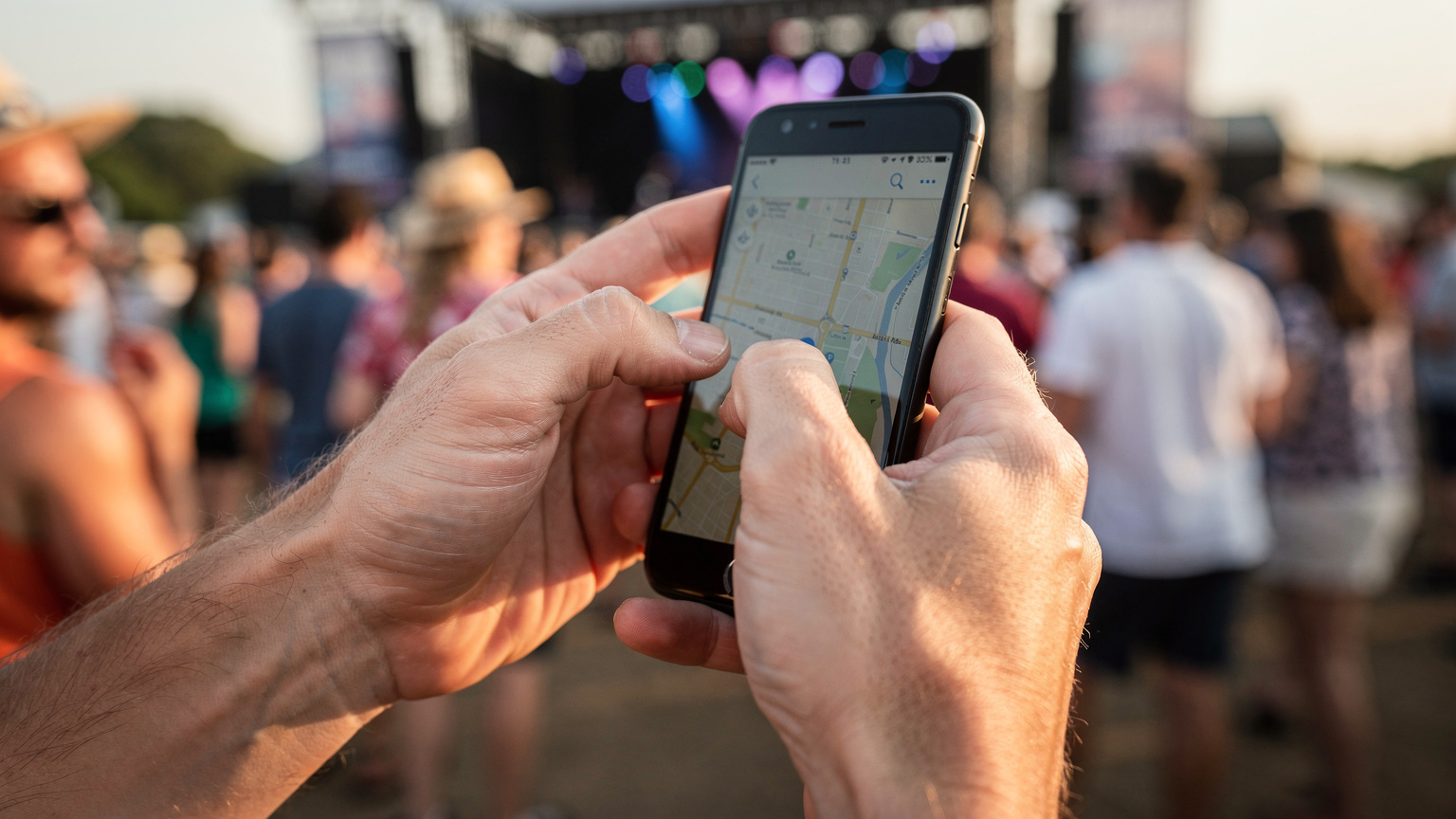 Close-up de mãos segurando um smartphone, com o polegar navegando por um aplicativo de mapa, mostrando a localização em um festival lotado.