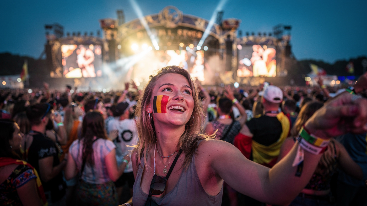 Uma torcedora feliz com uma bandeira da Bélgica pintada no rosto, sorrindo e assistindo a um show do Tomorrowland com milhares de pessoas ao redor.