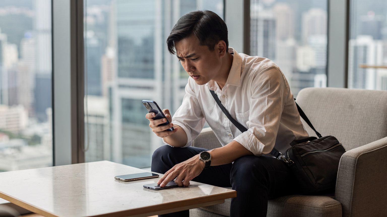 一位中国大陆游客在香港一家酒店大堂,焦急地看着自己的国行 iPhone,旁边放着一个支持 eSIM 的备用手机,暗示在解决网络连接问题。