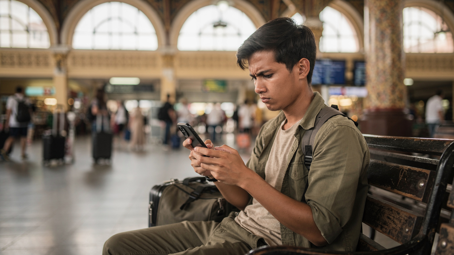 Een jonge reiziger, gefrustreerd kijkend naar zijn smartphone die 'geen service' toont, zittend op een bankje in een drukke stationshal in Thailand.