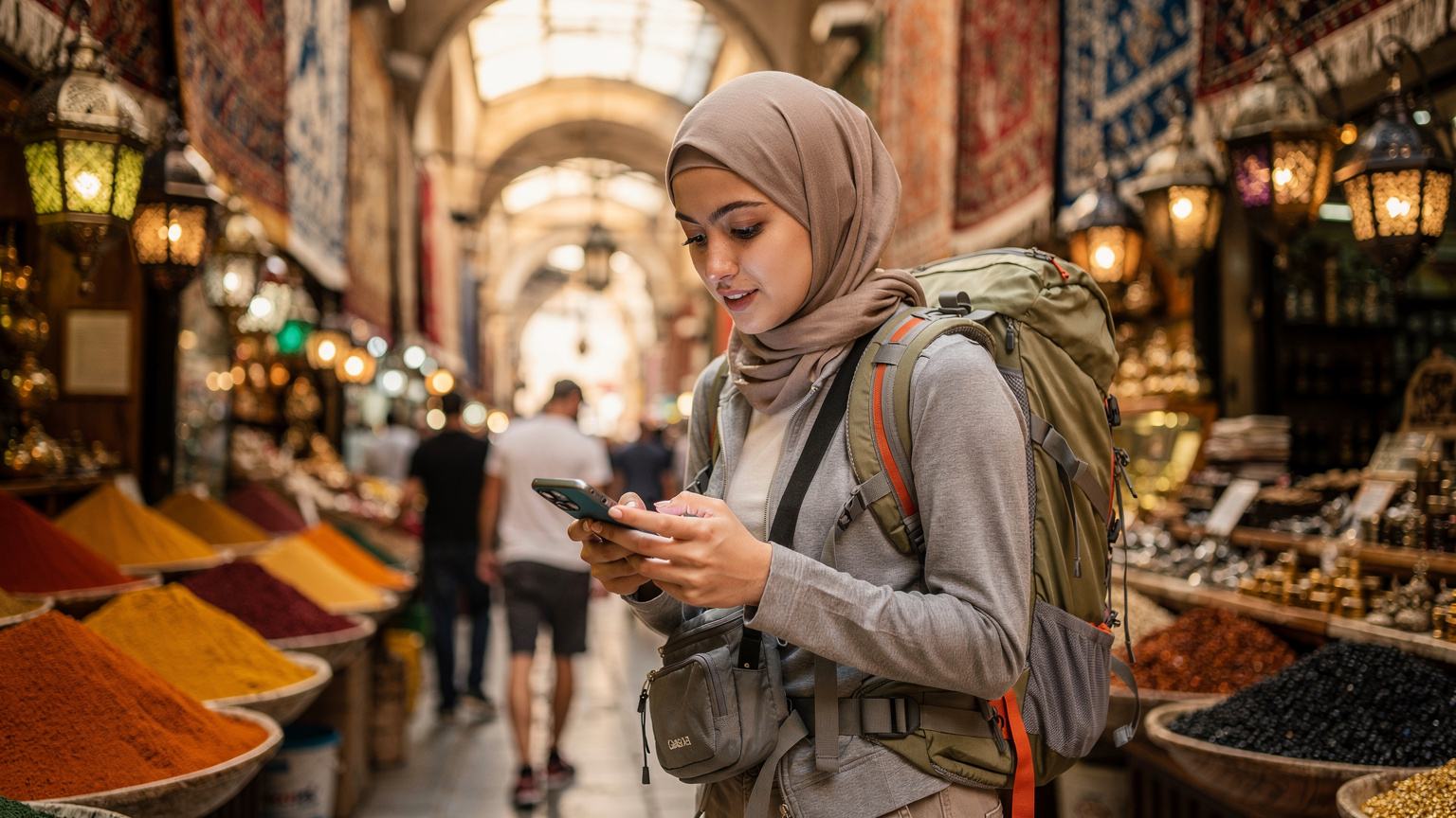 Een jonge vrouwelijke backpacker in een hijab vergelijkt eSIM-pakketten op haar smartphone terwijl ze door een levendige, kleurrijke souk in Istanbul wandelt, met kruiden en textiel op de achtergrond.