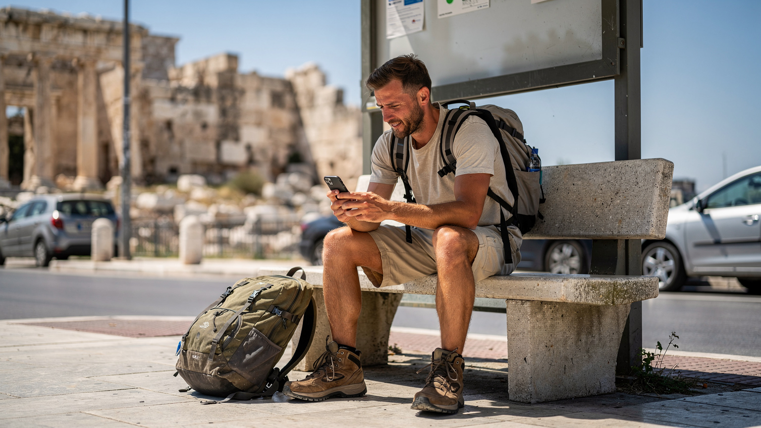 Een mannelijke backpacker zit op een bankje bij een bushalte in Athene, kijkt naar zijn telefoon om zijn eSIM-dataverbruik te controleren, met zijn versleten rugzak naast hem.