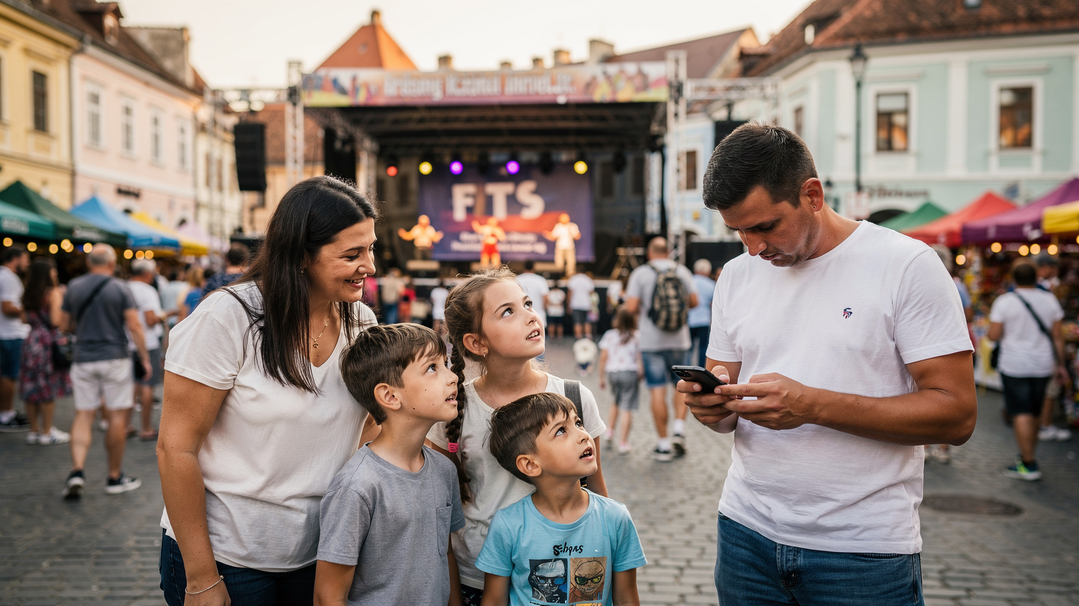 O familie zâmbitoare, părinți și doi copii, se bucură de un spectacol în aer liber în Sibiu, în timpul FITS. Părintele, în fundal, verifică discret programul festivalului pe telefon, având un eSIM activ, în timp ce copiii privesc spectacolul, dar cu tabletele pregătite pentru o eventuală plictiseală.