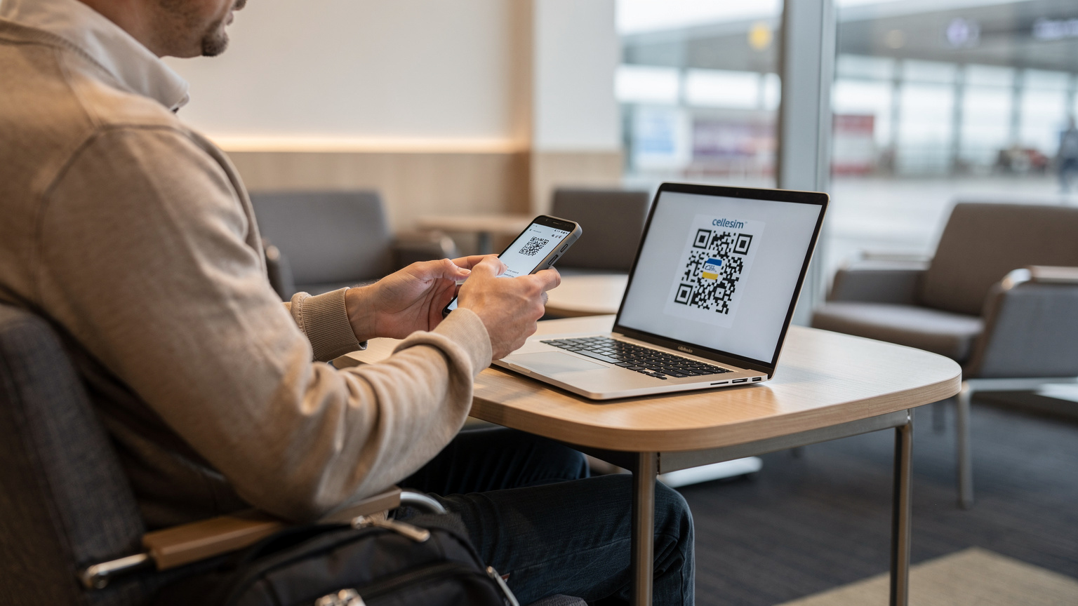 Un călător adult, cu un rucsac de mici dimensiuni lângă el, scanează un cod QR de pe un laptop deschis, instalând un eSIM pe smartphone-ul său într-un lounge liniștit al aeroportului din Cluj-Napoca, înainte de a zbura spre Sibiu.
