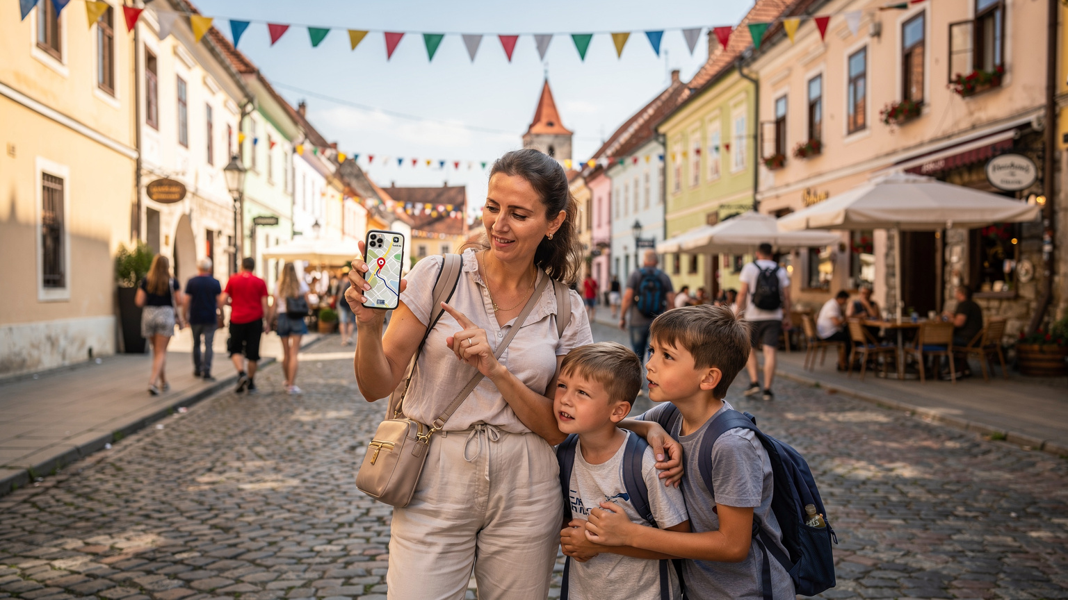 O mamă arată cu degetul spre o hartă digitală de pe telefonul ei, cu un plan eSIM activ, ghidând copiii ei, care se uită curioși, printr-o stradă pietruită din Sibiu, plină de decoruri de festival și oameni.