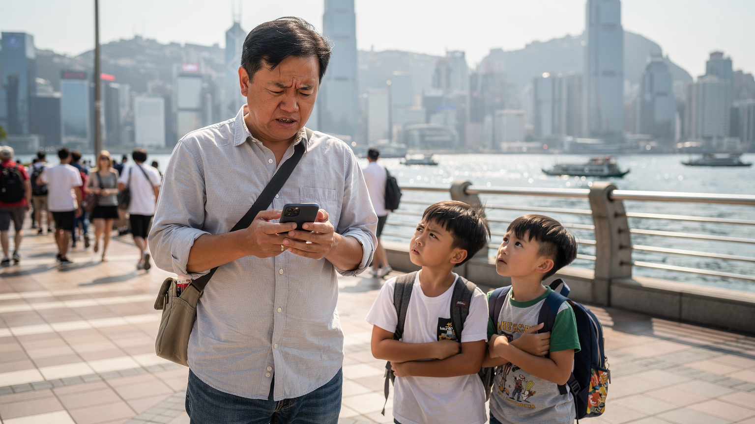 一位父亲在香港繁忙的尖沙咀码头边, 眉头紧锁地看着他的 iPhone, 似乎正在处理网络问题, 他的两个孩子在身后表现出不耐烦的神情。