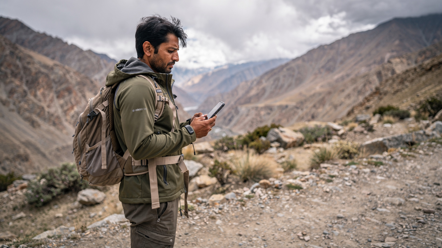 एक भारतीय यात्री लेह-लद्दाख के पहाड़ों में अपने स्मार्टफोन पर 'नो सर्विस' संदेश देख रहा है, उसके चेहरे पर चिंता और निराशा दिख रही है.