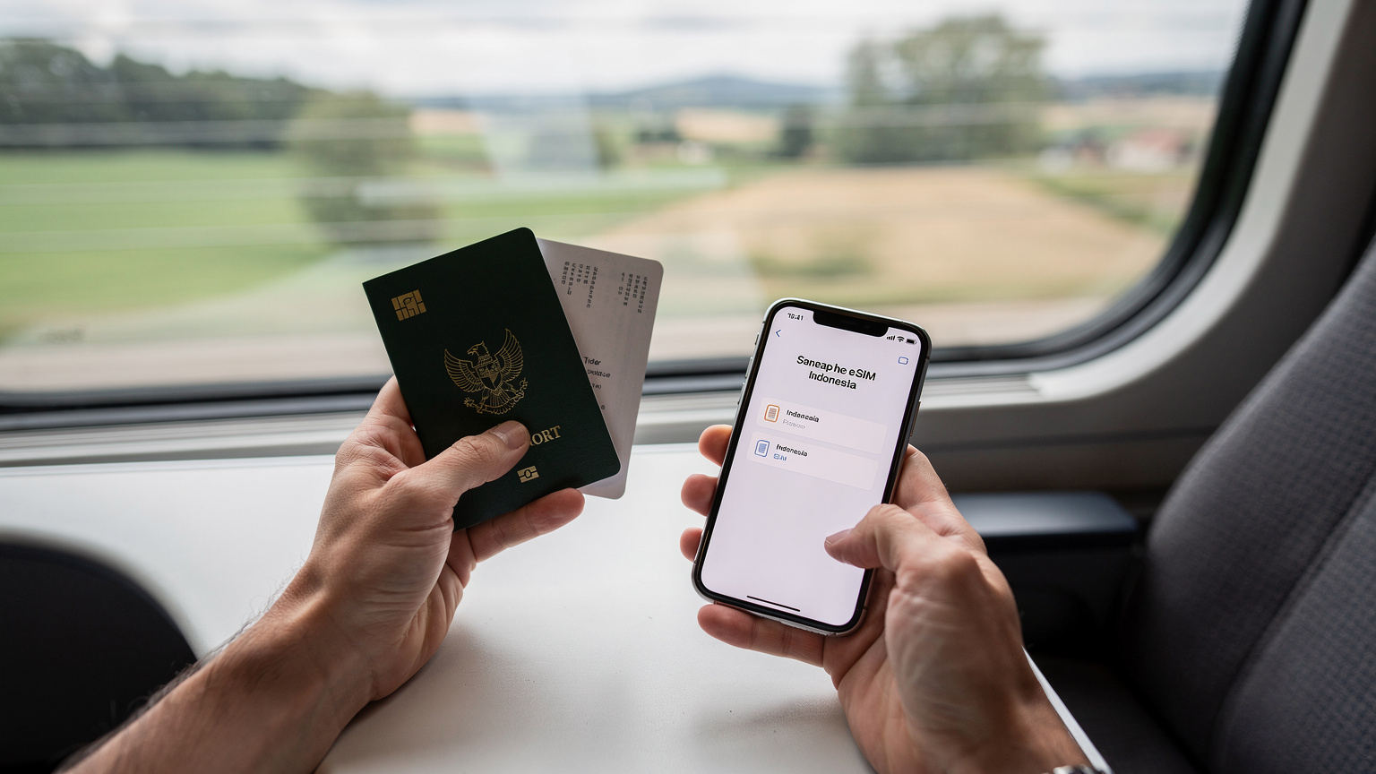 Tangan seorang backpacker sedang memegang paspor Indonesia dan ponsel dengan layar menunjukkan aplikasi penyedia eSIM, di latar belakang kabin kereta api Eropa yang modern.