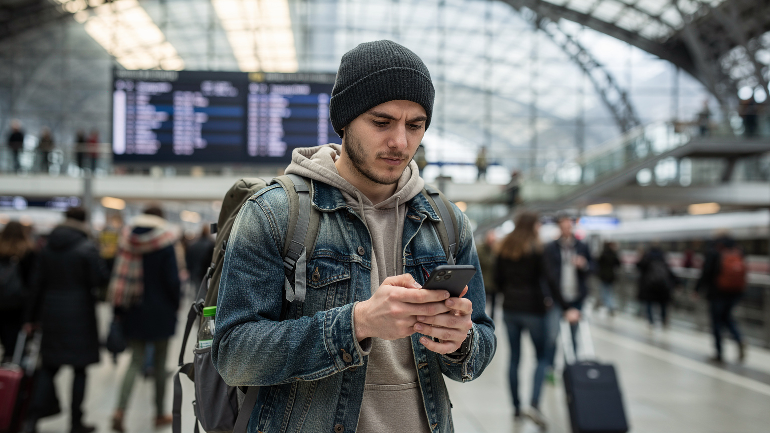 Seorang backpacker muda sedang mencoba mengatasi masalah koneksi ponselnya di area stasiun kereta api yang ramai di Berlin, Jerman, dengan ekspresi sedikit frustrasi namun tetap tenang.