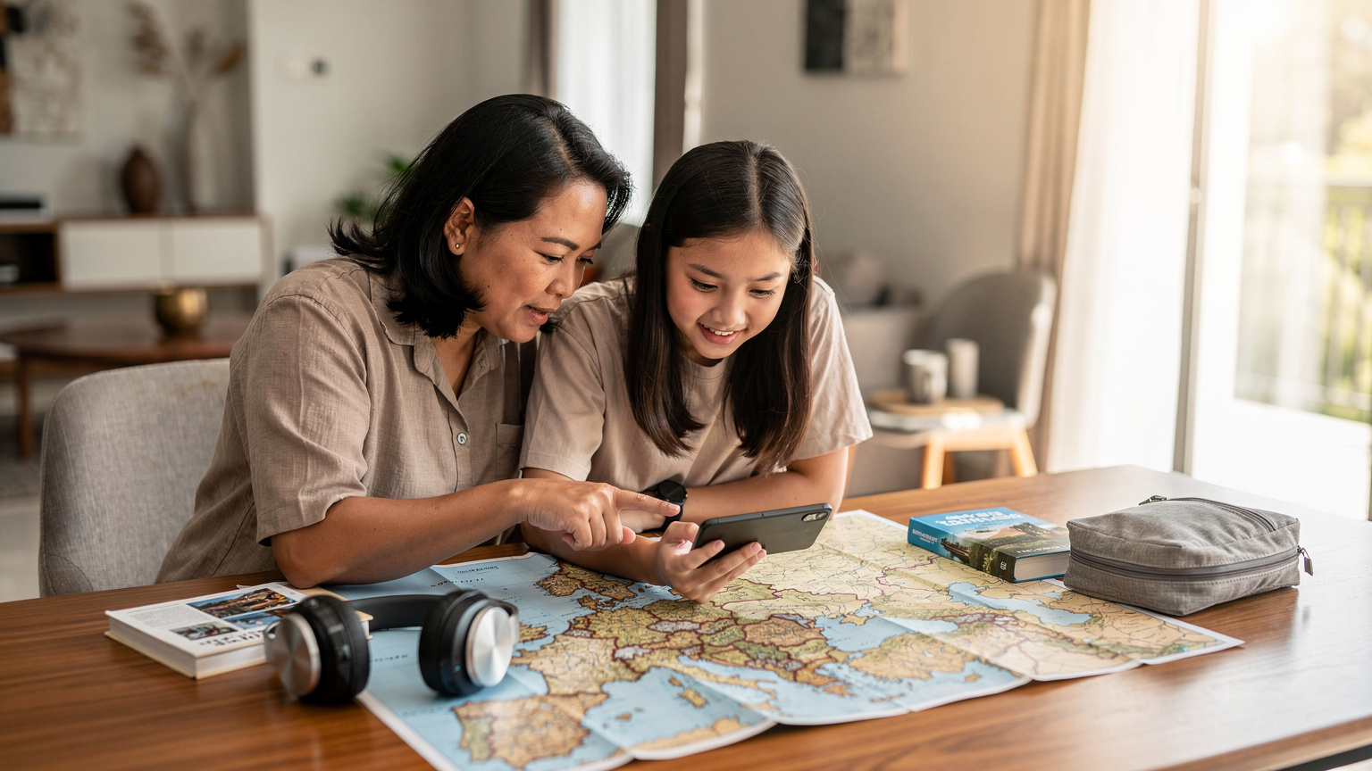 Seorang ibu sedang membantu anaknya yang remaja menyiapkan ponselnya untuk perjalanan, dengan peta Eropa terhampar di meja dan beberapa perlengkapan perjalanan di sekitarnya, di sebuah rumah bergaya modern.