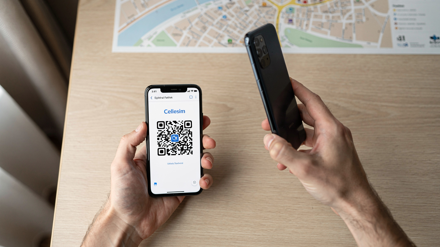 Akıllı telefon ekranında Cellesim uygulamasındaki QR kodu tarayan bir el.
