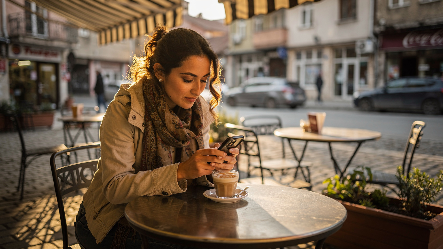 Priştine'deki bir kafede kahve içerken telefonundan harita kontrol eden bir gezgin.