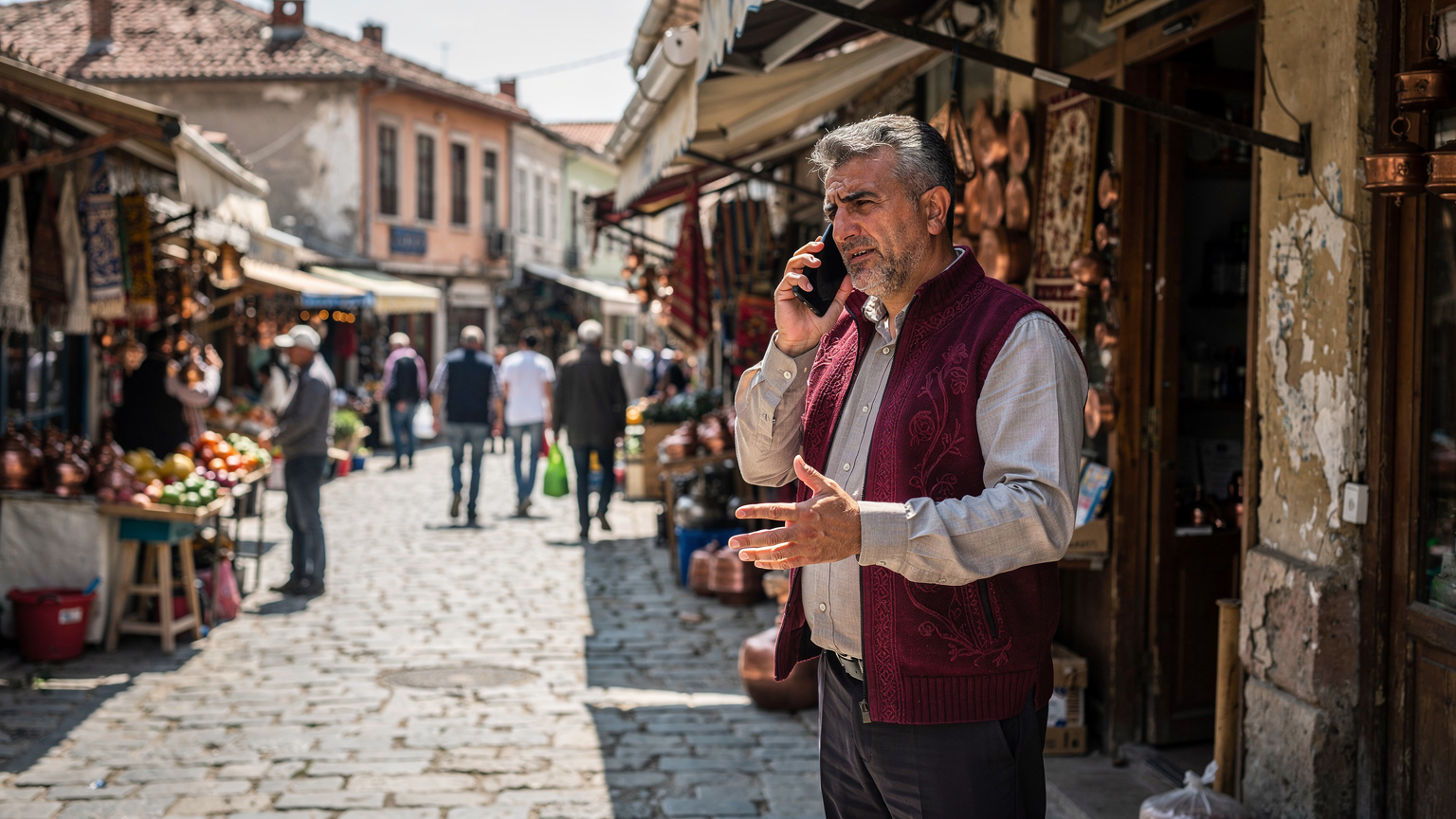 Priştine'nin hareketli bir caddesinde telefonda konuşan yerel bir esnaf.