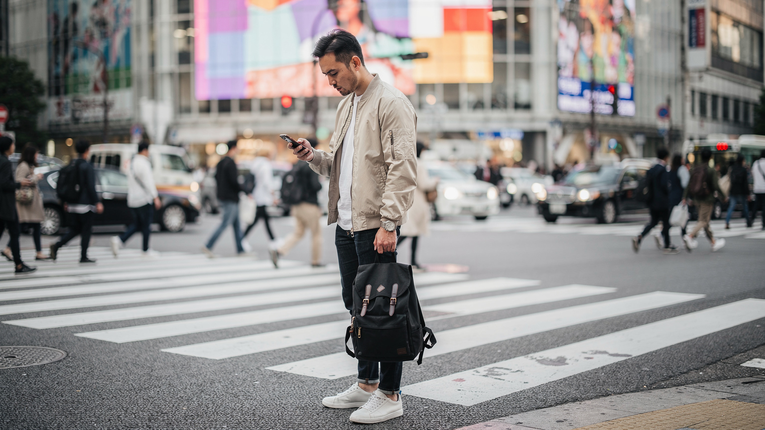 渋谷のスクランブル交差点で、スマホを見ながら待ち合わせをする旅行者。周りの人々の動きが速い中、一点に集中している様子。
