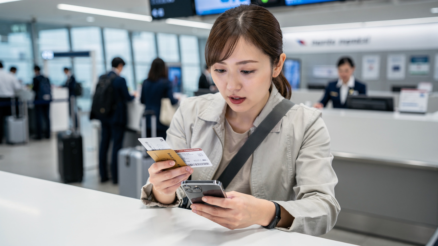 空港のチェックインカウンターで、搭乗券とパスポートを手に、スマホのeSIM設定画面を慌ただしく確認する旅行者。
