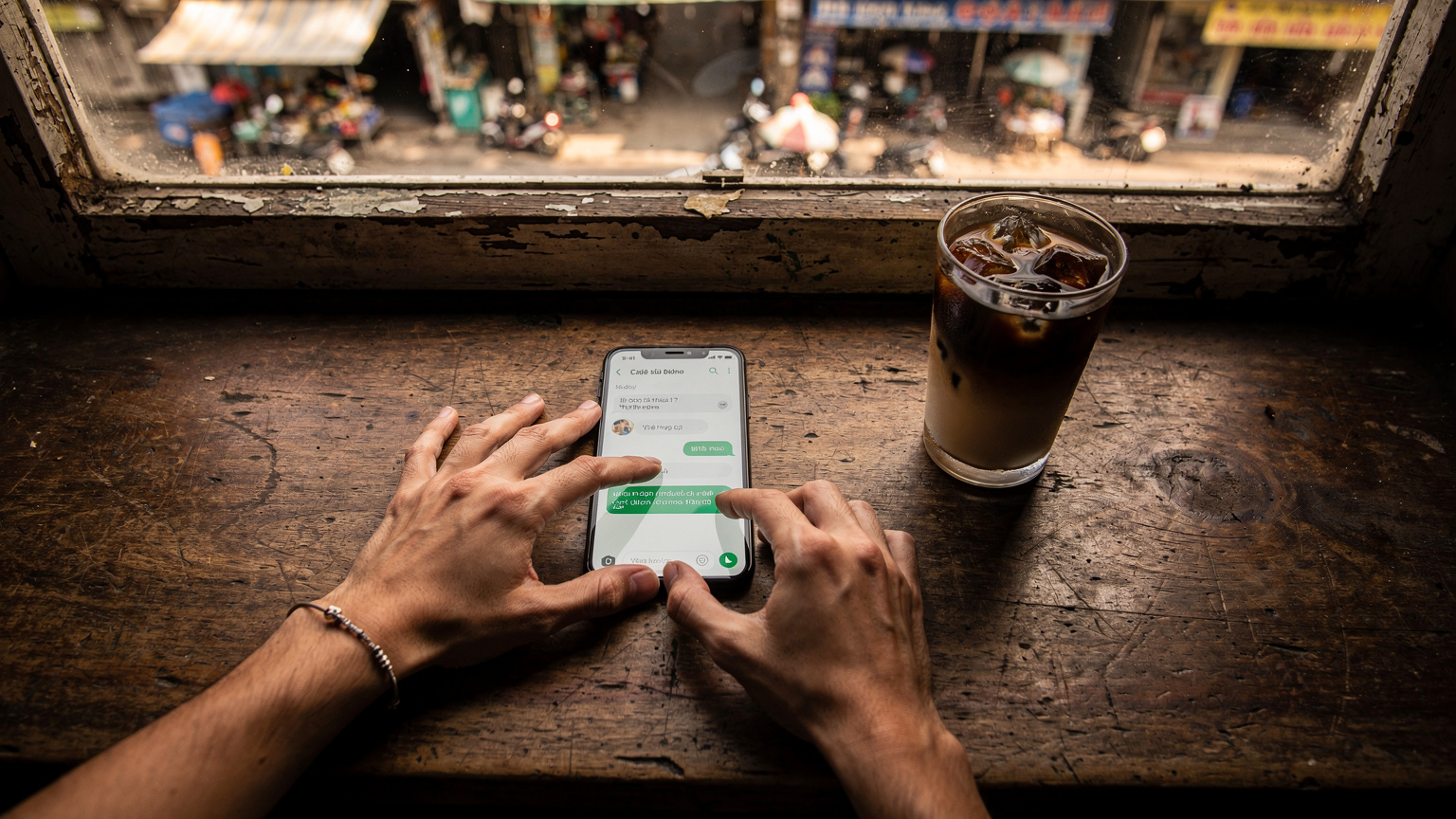 ベトナムの路地裏にあるカフェの窓辺で、コーヒーを飲みながらスマホでメッセージアプリを開いている旅行者の手元。地元の人々の喧騒が背景にある。