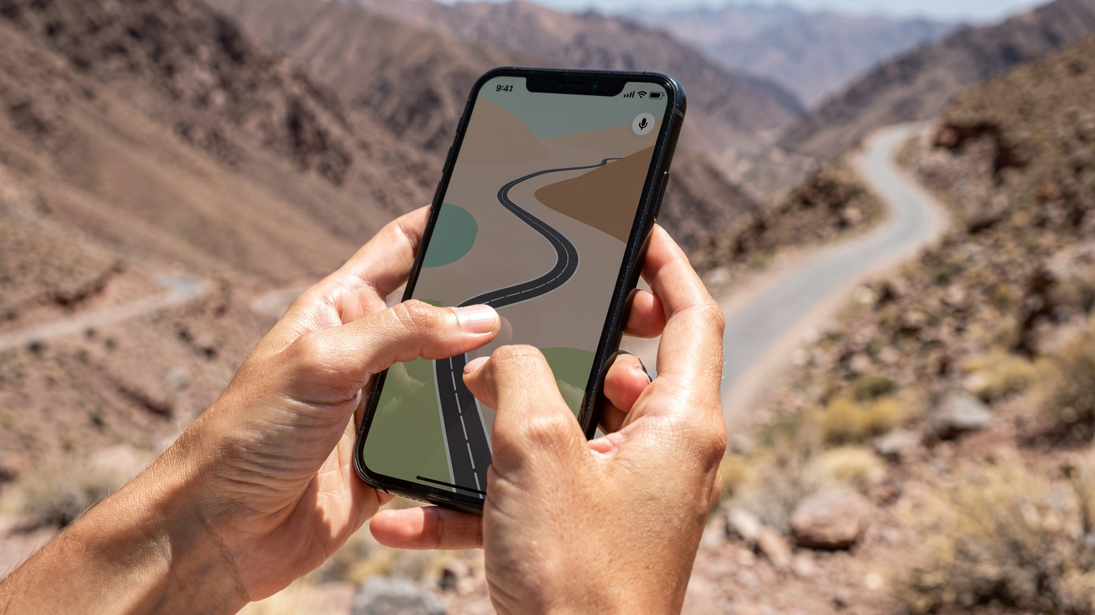 Zbliżenie na dłonie trzymające smartfon z otwartą mapą, na tle krętej górskiej drogi w Wysokim Atlasie w Maroku.