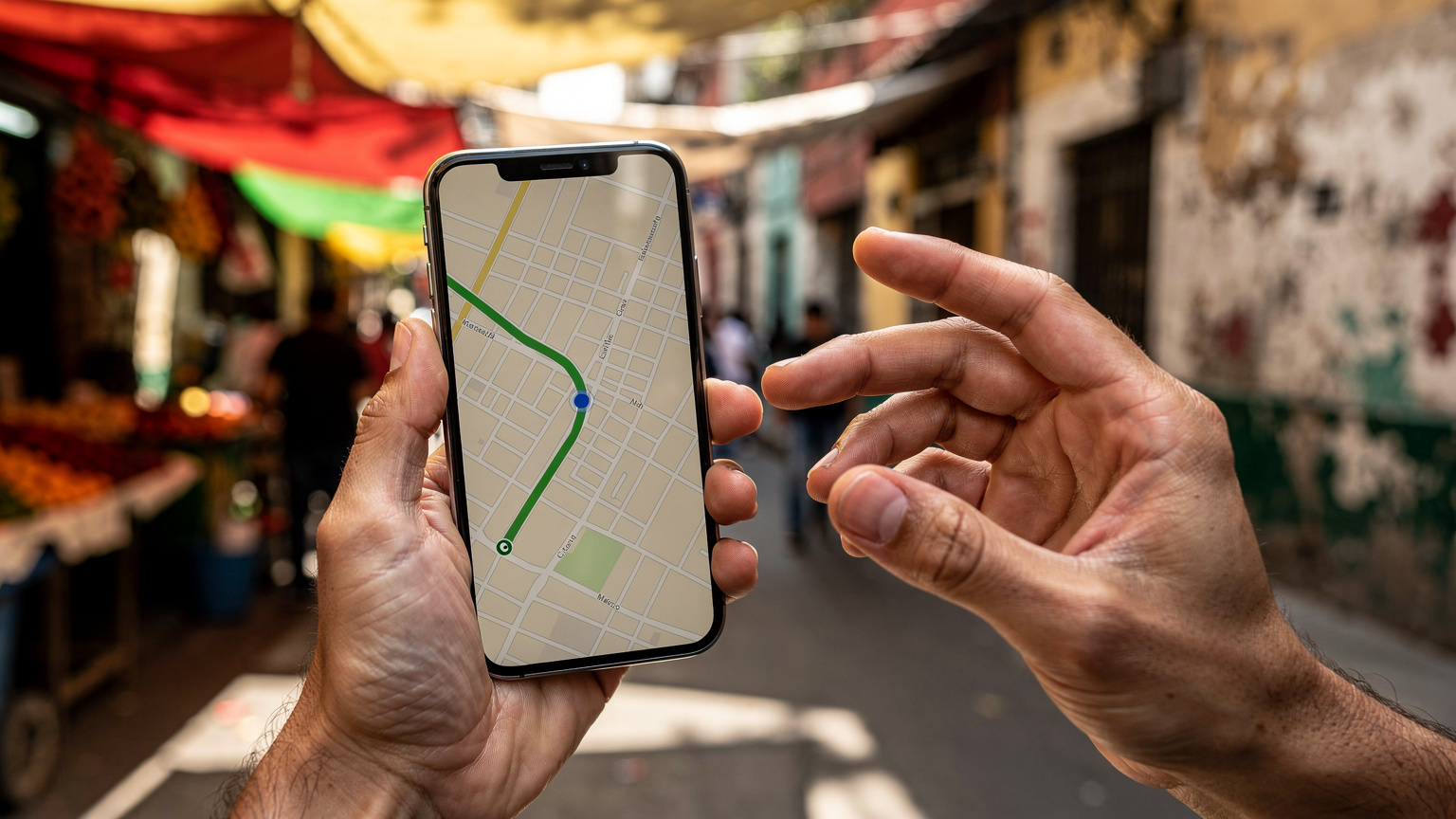 Eine Nahaufnahme von Händen, die ein Smartphone halten und eine Transport-App mit einer Karte von Mexiko-Stadt anzeigen, während im Hintergrund eine belebte Straße zu sehen ist.