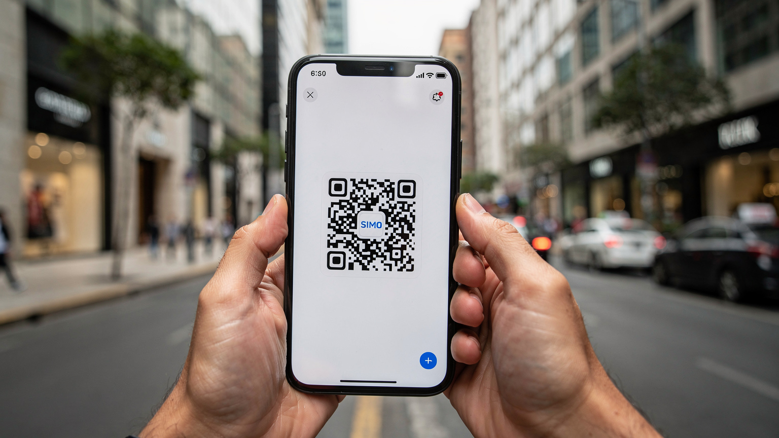 Nahaufnahme eines Smartphones mit einer angezeigten eSIM-Installationsseite, in den Händen einer Person vor dem Hintergrund einer geschäftigen Straße in Mexiko-Stadt.